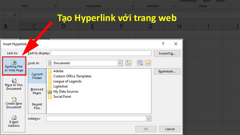 Hộp thoại Insert Hyperlink xuất hiện