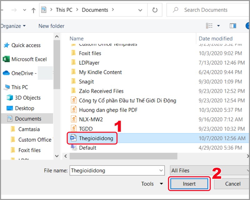 Chọn file định dạng Word, PowerPoint muốn chèn