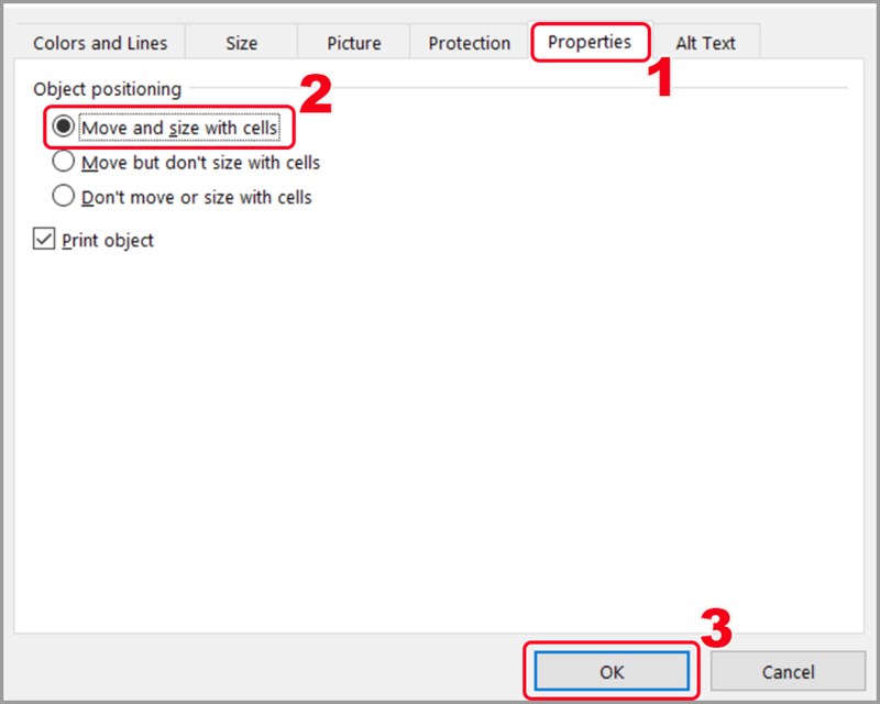 Chọn Move and size with cells