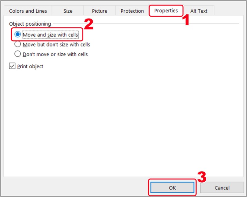 Chọn Move and size with cells