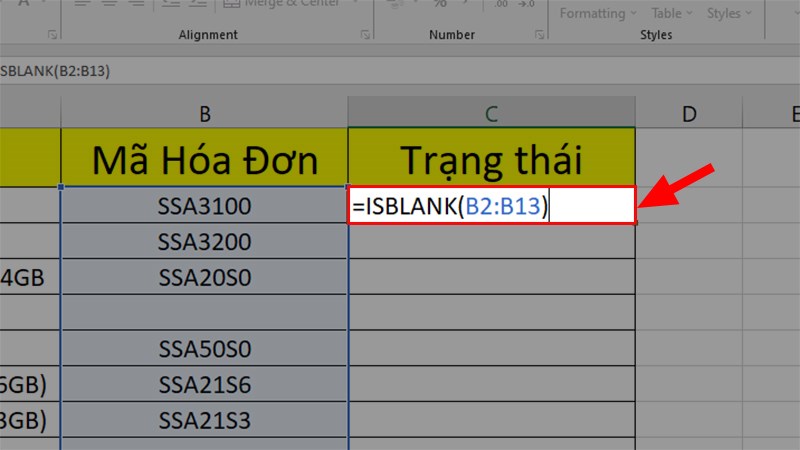 Nhập hàm =ISBLANK(B2:B13) ở ô C2