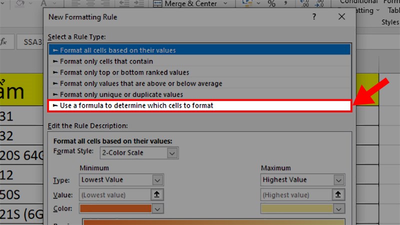 Ở hộp thoại hiện lên > Chọn Use a formular to determine which cells to format