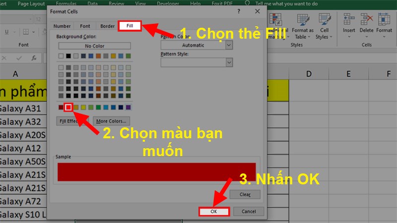 Ở hộp thoại hiện lên > Chọn thẻ Fill > Chọn màu như ví dụ > Nhấn OK