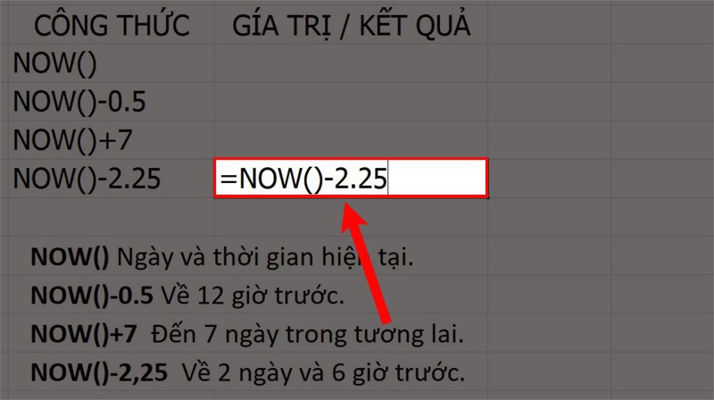 Nhập =NOW()-2.25 vào Ô dữ liệu cần điền.