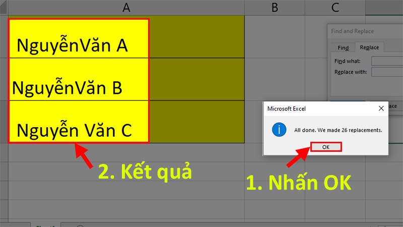 Nhấn OK để loại bỏ khoảng trắng giữa các từ.