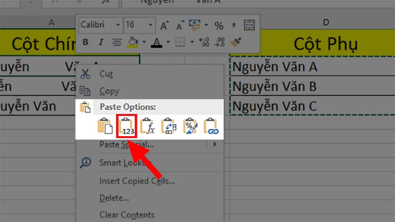 Nhấn chuột phải > Chọn mục  Value ở phần Paste Options