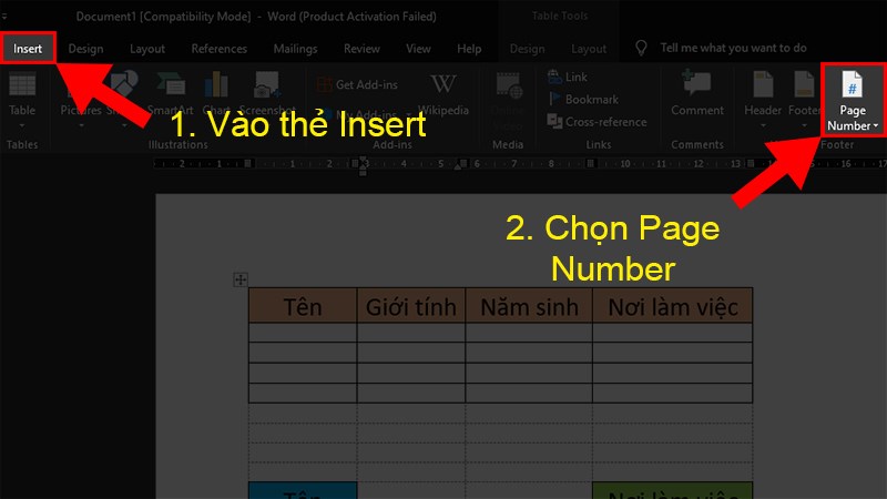 Chọn Page Number và tiến hành đánh số trang