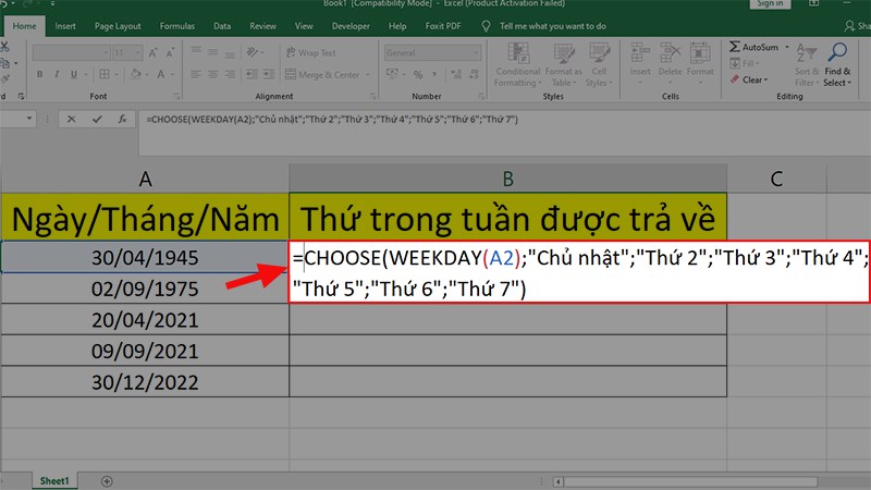 Nhập hàm như sau: =CHOOSE(WEEKDAY(Giá trị thời gian);