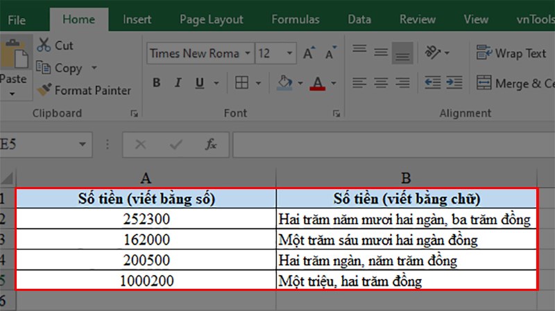 kết quả sau khi chuyển số thành chữ trong Excel