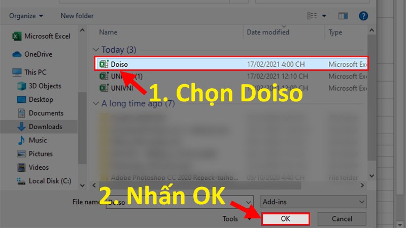  Tìm đến file Excel vừa tải > Nhấp vào file Doiso > Nhấn OK