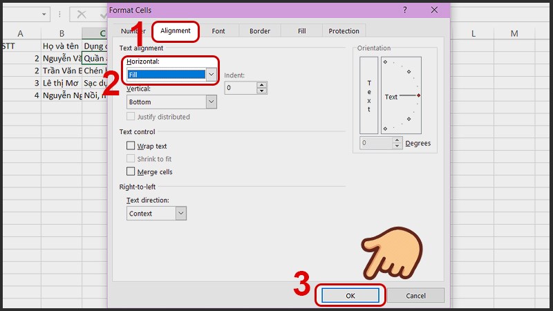 Chọn tab Alignment sau đó chọn kiểu Fill trong phần Horizontal và nhấn OK