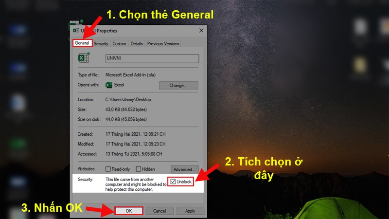 Cửa sổ Properties hiện lên > Chọn thẻ General > Tích chọn ở phần Unlock > Nhấn OK để mở khóa file Add-in