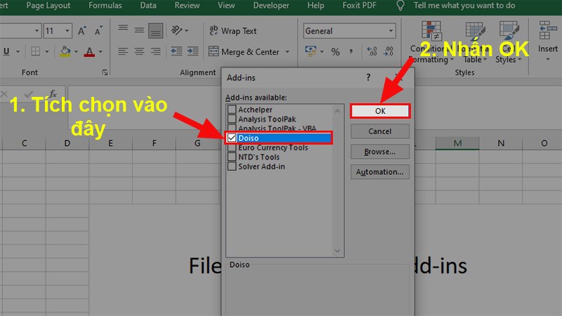 Tích chọn vào ô vuông trước file Add-ins > Nhấn OK để thêm Add-ins vào Excel