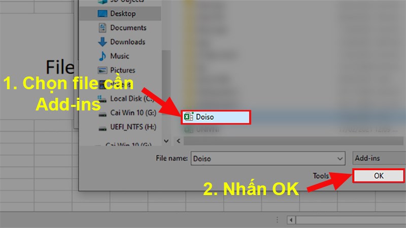 Đi đến file Add-ins bạn muốn thêm vào > Chọn file Add-ins đó > Nhấn OK