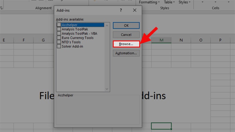 Hộp thoại Add-ins hiện lên > Nhấn vào Browse…