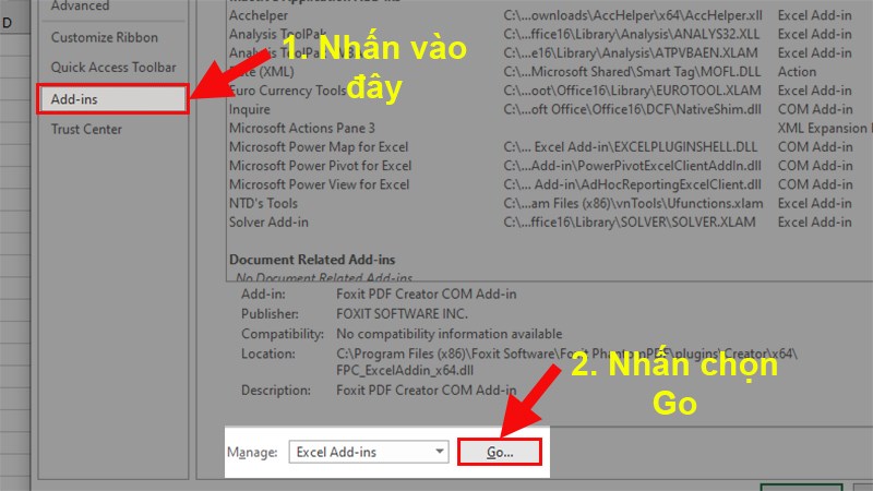 Ở hộp thoại hiện lên > Đi đến mục Add-ins > Chọn Add-ins Excel > Chọn Go