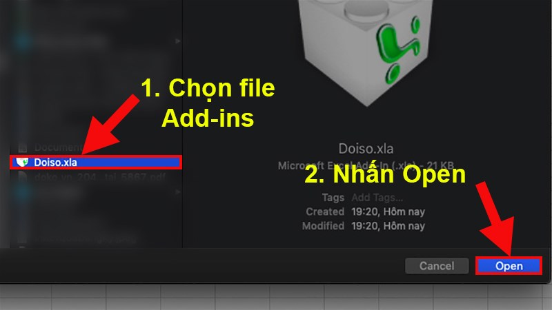 Đi đến vị trí đã lưu file Add-ins > Nhấn chọn file > Nhấn Open