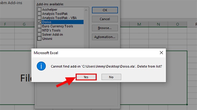 Ở hộp thoại hiện lên > Nhấn Yes để gỡ cài đặt Add-ins hoàn toàn ra khỏi Excel
