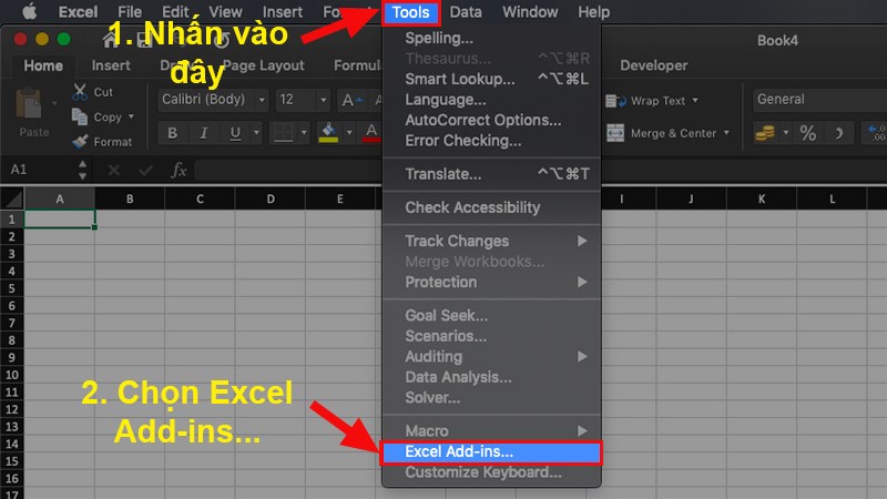 Mở file Excel cần cài đặt Add-ins > Chọn thẻ Tool > Nhấn chọn Excel Add-ins...