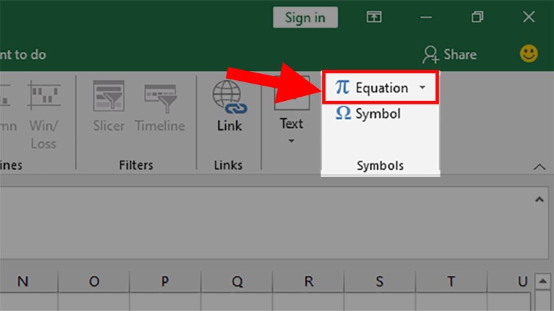 Đi đến phần Symbols > Nhấn chọn Equation