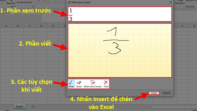 Thực hiện viết phân số vào vùng màu cam > Nhấn Insert để viết phân số trong Excel