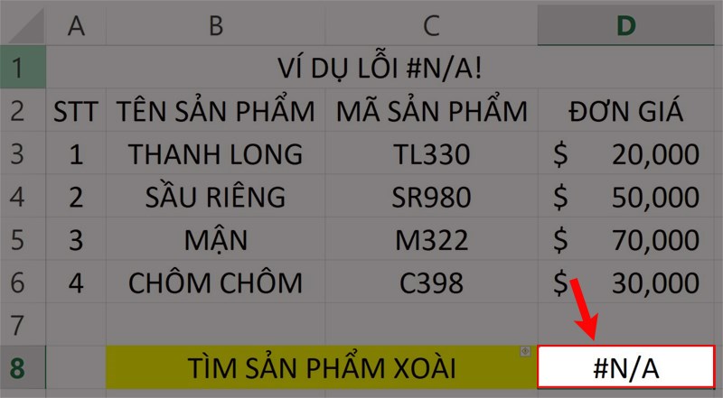 Xuất hiện lỗi #N/A! như hình.