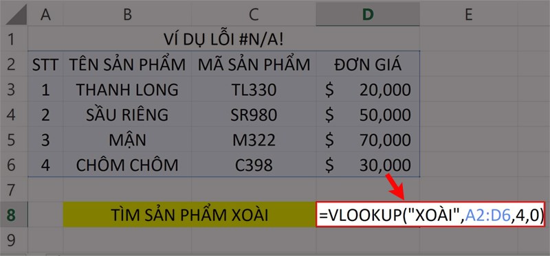 Ví dụ minh họa lỗi #N/A!.