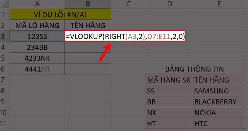 Kết hợp hàm RIGHT vào hàm VLOOKUP.