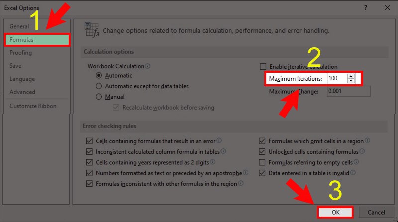 Chọn mục Formulas, điều chỉnh và bấm OK.