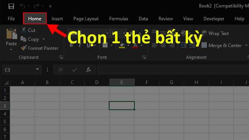 Mở file Excel > Chọn 1 tab (thẻ) bất kỳ trên thanh tab