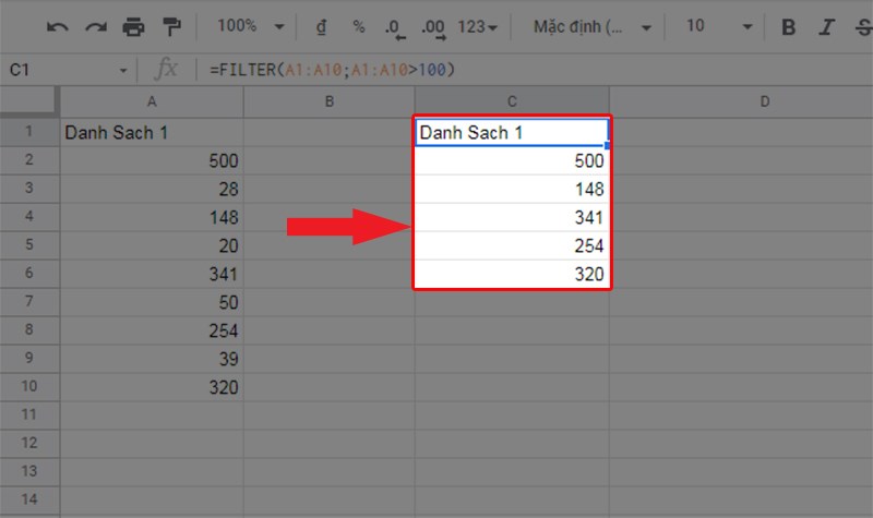 Kết quả lọc dữ liệu giá trị lớn hơn 100