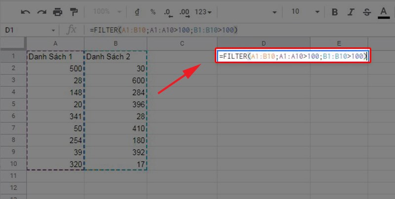 Lọc giá trị lớn hơn 100 của 2 cột