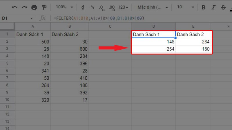 Kết quả lọc dữ liệu giá trị lớn hơn 100 của 2 cột