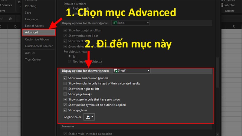 Đi đến mục Display option for this worksheet