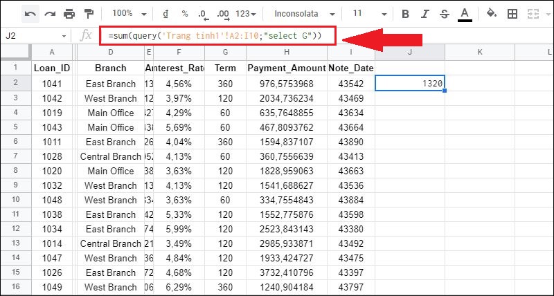 Ví dụ về hàm Sum tính tổng giá trị từ truy vấn query