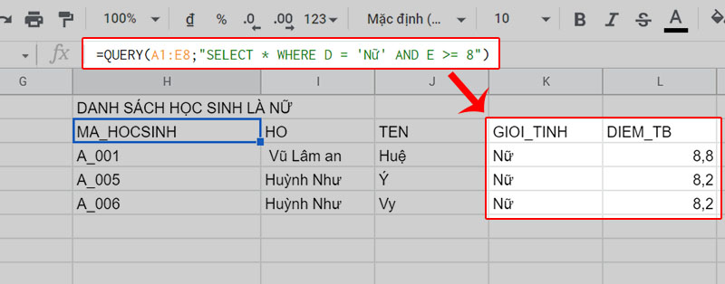 Lấy ra các bạn có giới tính Nữ và điểm trung bình >= 8