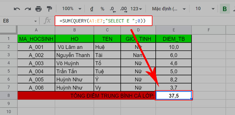 Hàm QUERY kết hợp với hàm SUM