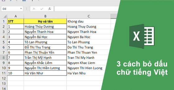 3 cách bỏ dấu chữ tiếng Việt trong Excel nhanh, đơn giản