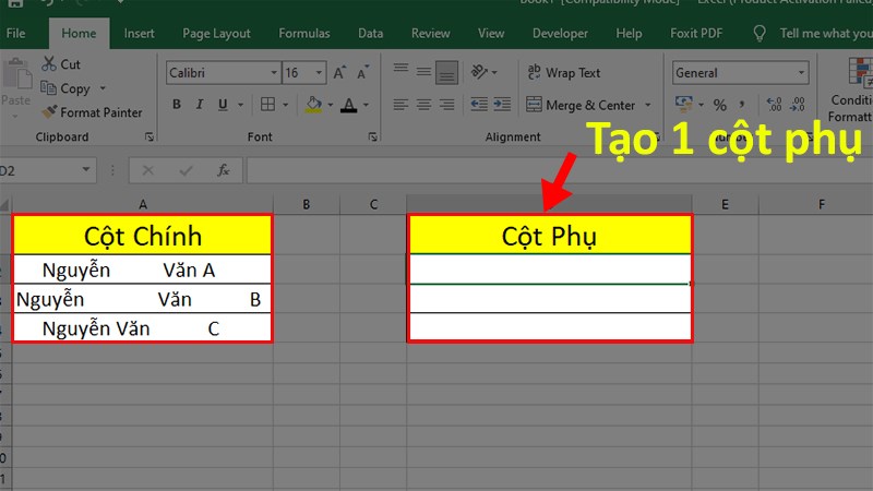 Mở file Excel có chứa dữ liệu cần xóa khoảng trắng > Tạo 1 cột phụ