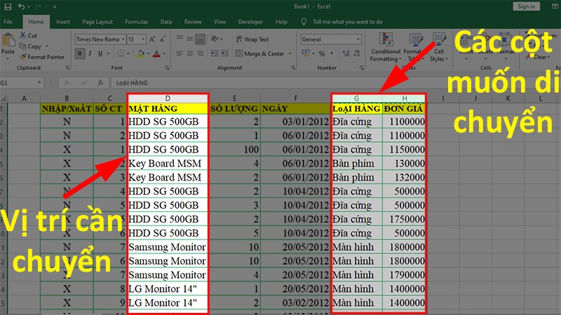 Tô quét các cột bạn muốn di chuyển