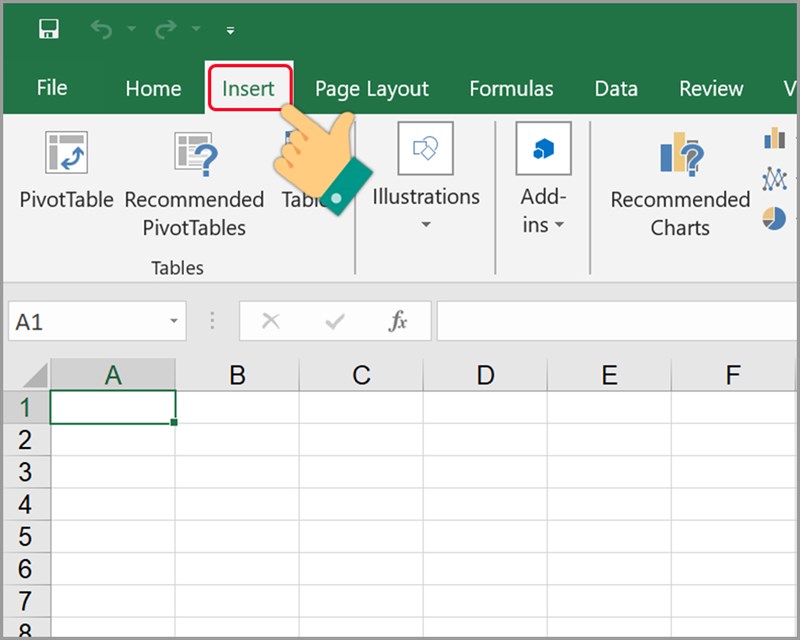 Nhấn Insert trên Excel