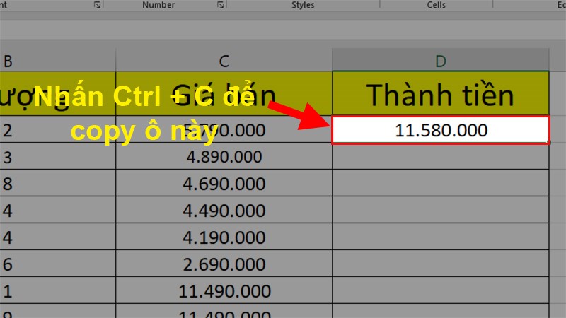 Đi đến ô chứa công thức muốn sao chép > Nhấn tổ hợp phím Ctrl + C