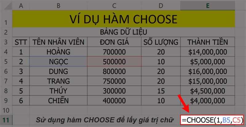 Ví dụ minh họa hàm CHOOSE lấy giá trị chữ.