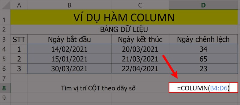 Ví dụ minh họa hàm COLUMN.