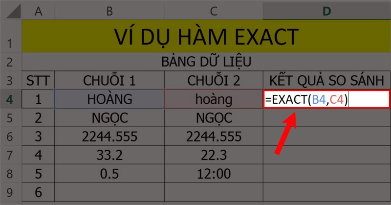 Ví dụ minh họa hàm EXACT.