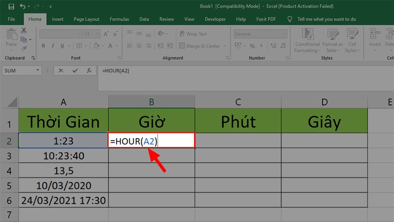 Tại ô đầu tiên của cột giờ > Nhập công thức =HOUR(A2)