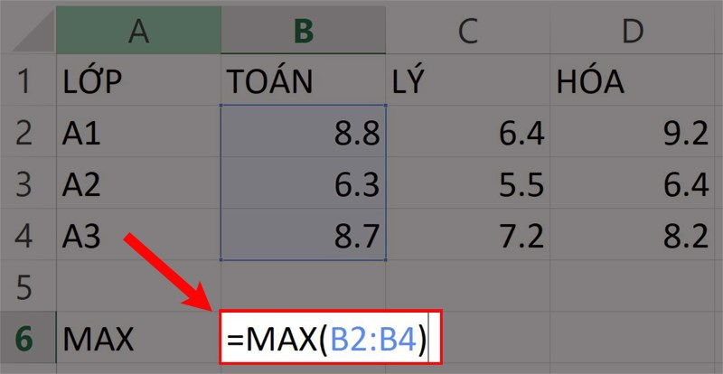 Nhập hàm =MAX(B2:B4) vào ô tham chiếu.