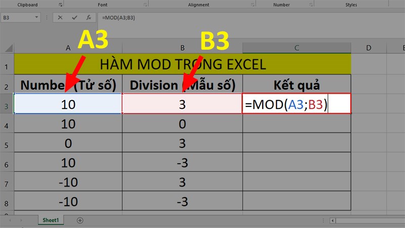 Nhập hàm =MOD(A3;B3) vào ô Kết quả