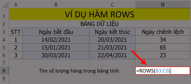 Ví dụ minh họa hàm ROWS.