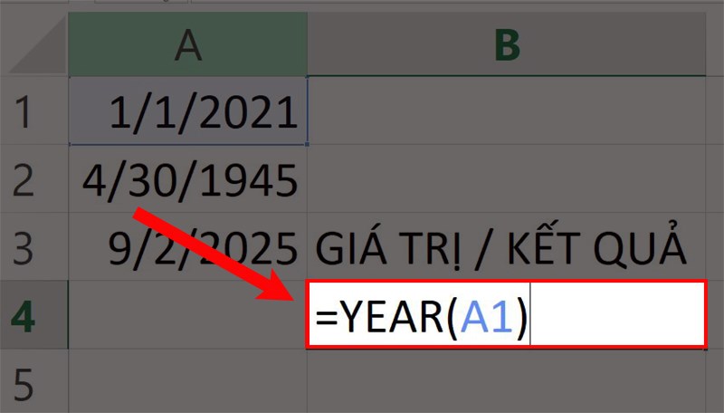 Nhập hàm =YEAR(A1) vào ô bạn cần trên bảng tính.